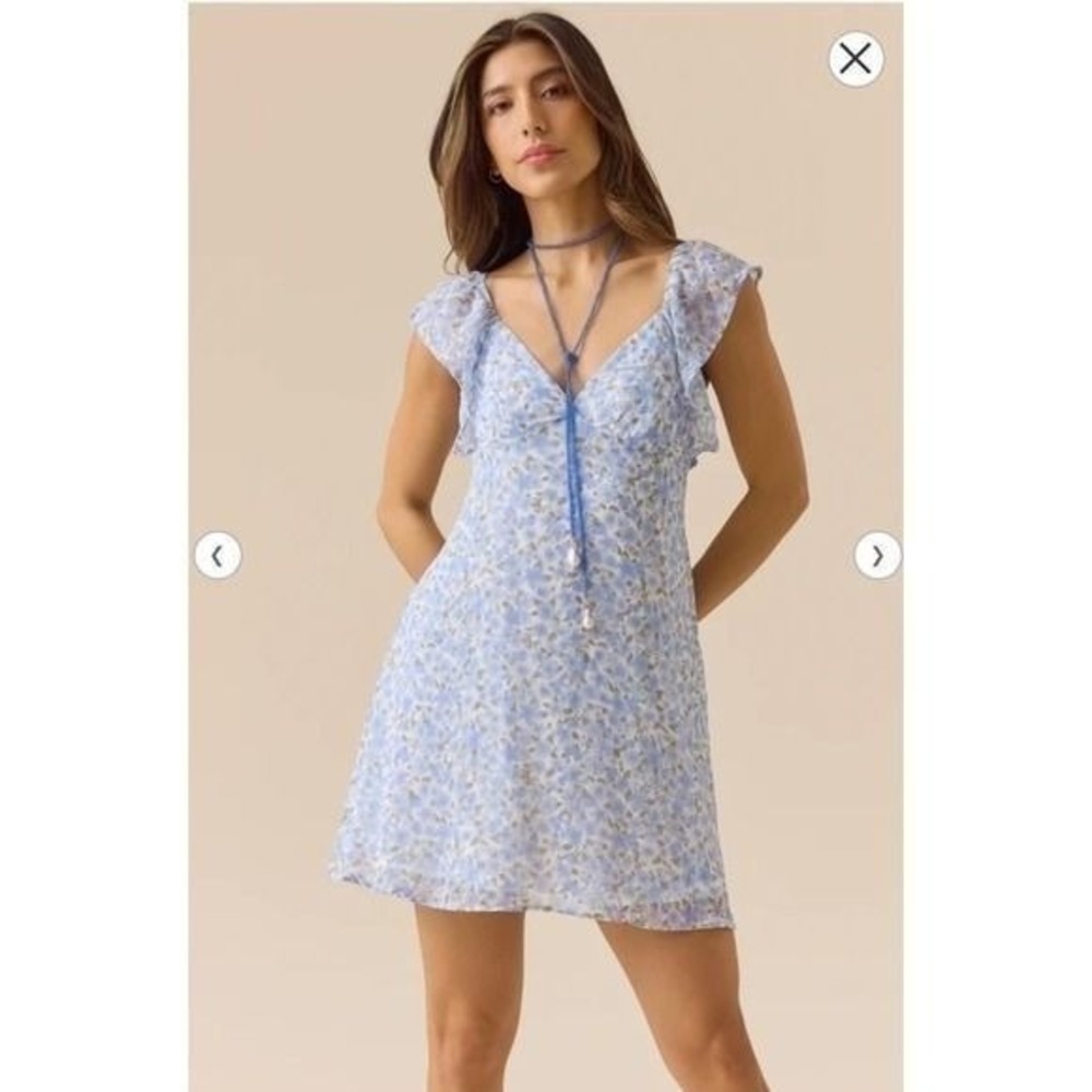 Altar'd State‎ Blue Floral Ruffle Sleeve Tie Back Mini Dress Size Small V-Neck